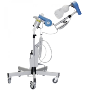 ARTROMOT E2 – szyna do ćwiczeń stawu łokciowego na mobilnym statywie, widok urządzenia w pozycji roboczej