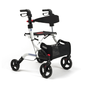 FOUR Light – aluminiowy balkonik czterokołowy z siedziskiem i koszykiem, przeznaczony do wsparcia chodu.