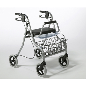 Balkonik stalowy 275 – czterokołowy chodzik z siedziskiem, tacką i koszykiem ułatwiający poruszanie się.
