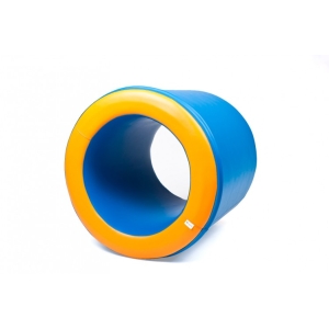 Beczka do integracji sensorycznej, kolor niebiesko-pomarańczowy, przeznaczona do ćwiczeń równowagi i koordynacji.