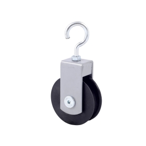 Bloczek rehabilitacyjny z metalowym hakiem i kółkiem, przeznaczony do ćwiczeń z użyciem podwiesi i linek.