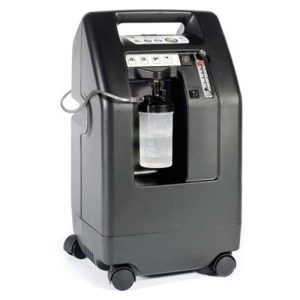 Koncentrator tlenu DeVilbiss 525KS z nawilżaczem, panelem sterowania i kółkami transportowymi.
