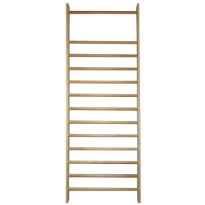 Drewniana drabinka gimnastyczna montowana do ściany, z wieloma poziomymi szczeblami do ćwiczeń.