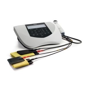 Etius U – aparat do elektroterapii z głowicą ultradźwiękową i podłączonymi elektrodami.