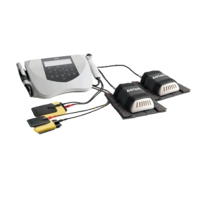 Etius ULM – aparat do elektroterapii, laseroterapii i ultradźwięków z elektrodami i aplikatorami światła.