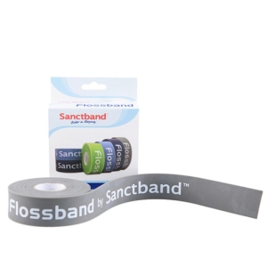 Szary Flossband Sanctband o bardzo mocnym oporze, z widocznym opakowaniem i rozwiniętą taśmą.