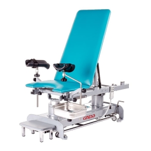 Fotel ginekologiczny PERFECT G z regulowanym oparciem, podkolannikami i nierdzewną miską zabiegową.