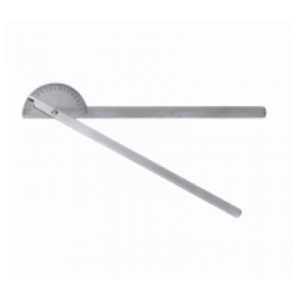 Metalowy goniometr do pomiaru zakresu ruchu stawów, model z półokrągłą skalą.