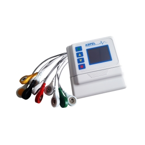 Holter EKG ASPEL 712 HLT v.301 z kolorowymi elektrodami i ekranem do monitorowania pracy serca.