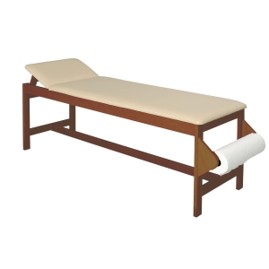 Leżanka drewniana KLD1 w kolorze orzech z regulowanym oparciem i uchwytem na podkład papierowy.