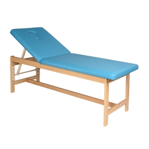 Leżanka drewniana KLD3 z regulowanym oparciem i niebieską tapicerką, kolor buk.