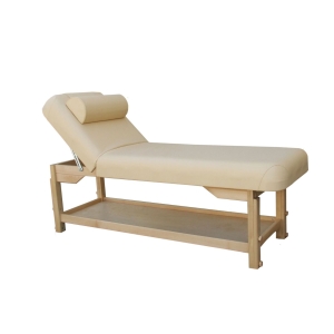 Leżanka drewniana ROMA-2BO w kolorze buk z regulowanym oparciem, wałkiem i dolną półką.