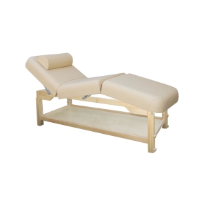 Leżanka drewniana ROMA-3BO w kolorze buk, z regulowanymi segmentami, wałkiem i dolną półką.