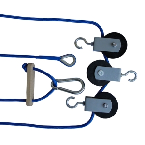 Linka z bloczkami do ćwiczeń samowspomaganych z obciążeniem, długość 550 cm, z uchwytem i metalowymi rolkami.