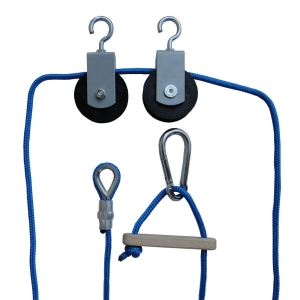 Linka z bloczkami do ćwiczeń z obciążeniem, długość 350 cm, z drewnianym uchwytem i metalowymi rolkami.