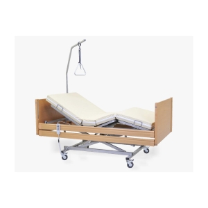 Łóżko rehabilitacyjne MAGDA z elektryczną regulacją segmentów i drewnianą obudową.