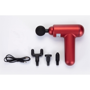 Elektryczny masażer ręczny z zestawem wymiennych końcówek do terapii mięśni.