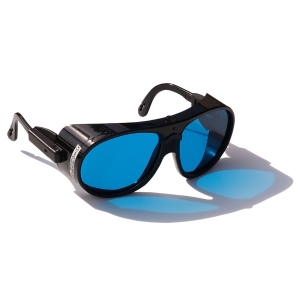 Okulary ochronne ALG-B0 2 z niebieskimi filtrami, przeznaczone do pracy z laserem.