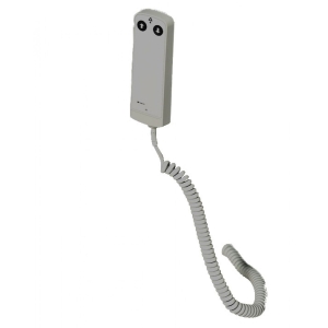 Pilot ręczny do stołów rehabilitacyjnych z przewodem spiralnym i przyciskami góra–dół.