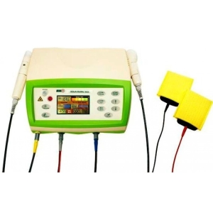 Aparat Solatronic SLE do elektroterapii i laseroterapii z podłączonymi elektrodami żółtymi.