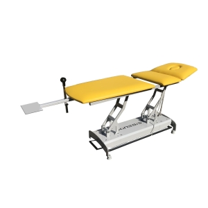 Stół do trakcji kręgosłupa PROFI 3T z żółtym blatem i regulacją segmentów.
