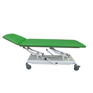 Stół rehabilitacyjny spersonalizowany z zieloną tapicerką, regulowany zagłówek, widok z boku.