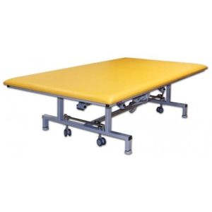Stół rehabilitacyjny SR-RB z żółtą tapicerką, szeroka leżanka, stabilna metalowa konstrukcja.