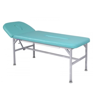 Stół rehabilitacyjny SR-S1 z turkusową tapicerką, regulowany zagłówek, widok pod kątem.