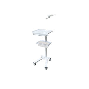 Stolik do EKG na kółkach z półką, uchwytem na elektrody i regulowanym wspornikiem.