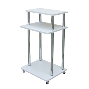Stolik pod aparaturę medyczną ST z trzema półkami i chromowanymi nogami na kółkach.