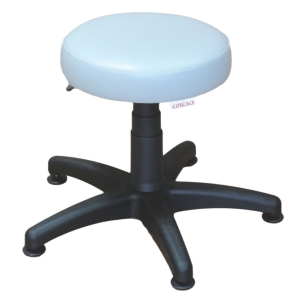 Taboret lekarski PL1 z regulacją wysokości, czarną podstawą i jasnym tapicerowanym siedziskiem.
