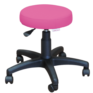 Taboret lekarski PL2 z kółkami, z regulacją wysokości i różowym tapicerowanym siedziskiem.