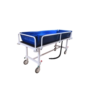 Wózek transportowo-kąpielowy TRUCK-SW z niecką kąpielową i barierkami bocznymi.