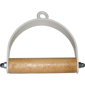 Metalowy uchwyt na linkę z drewnianą rączką, przeznaczony do ćwiczeń rehabilitacyjnych.