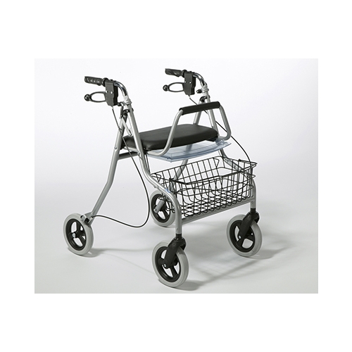 Balkonik stalowy 275 – czterokołowy chodzik z siedziskiem, tacką i koszykiem ułatwiający poruszanie się.