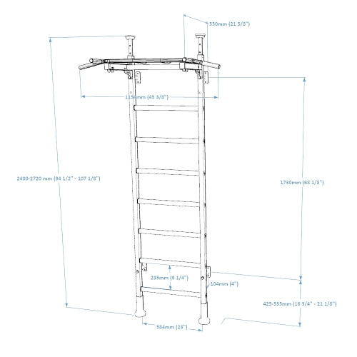 Rysunek techniczny drabinki BenchK 521B z wymiarami i zaznaczonym zakresem regulacji.