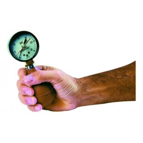 Dynamometr ściskowy typu „gruszka” trzymany w dłoni, z manometrem do pomiaru siły.