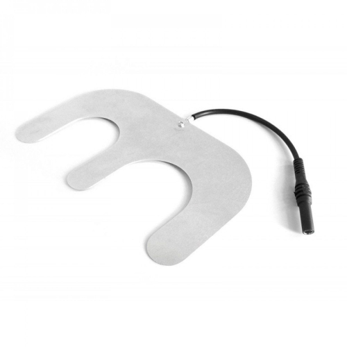 Elektroda Bergoniego z aluminiową płytką w kształcie litery „E” i przewodem do aparatu elektroterapii.