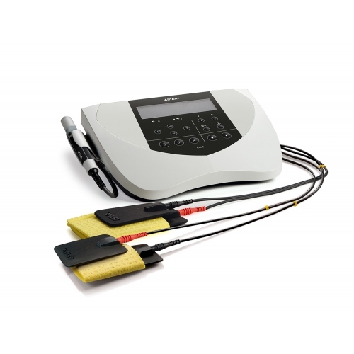 Etius LM – aparat do elektroterapii i laseroterapii z sondą oraz podłączonymi elektrodami.