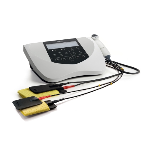 Etius U – aparat do elektroterapii z głowicą ultradźwiękową i podłączonymi elektrodami.