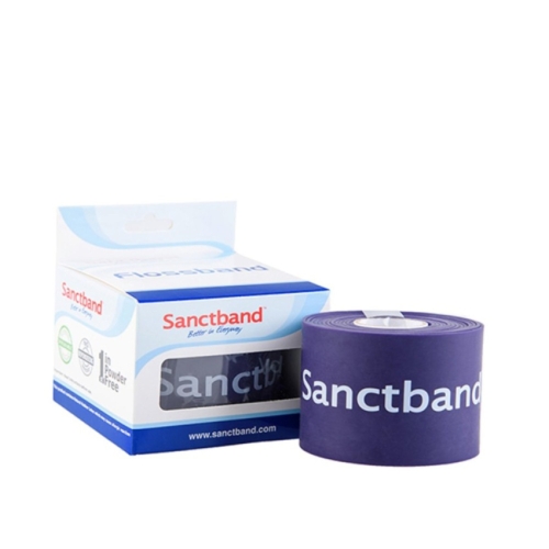 Flossband Sanctband w kolorze fioletowym, mocny opór – rolka taśmy obok oryginalnego opakowania.