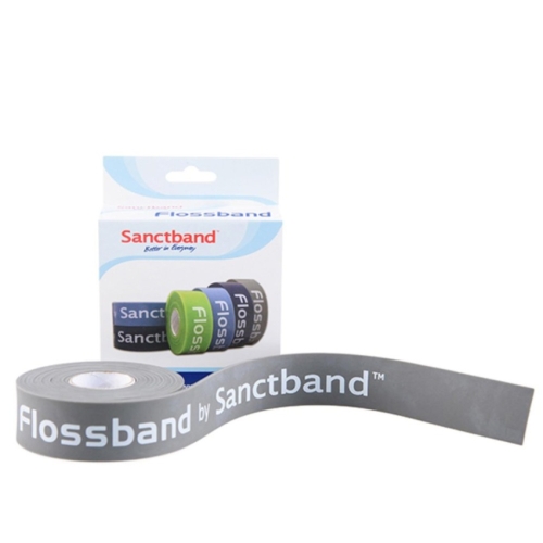 Szary Flossband Sanctband o bardzo mocnym oporze, z widocznym opakowaniem i rozwiniętą taśmą.