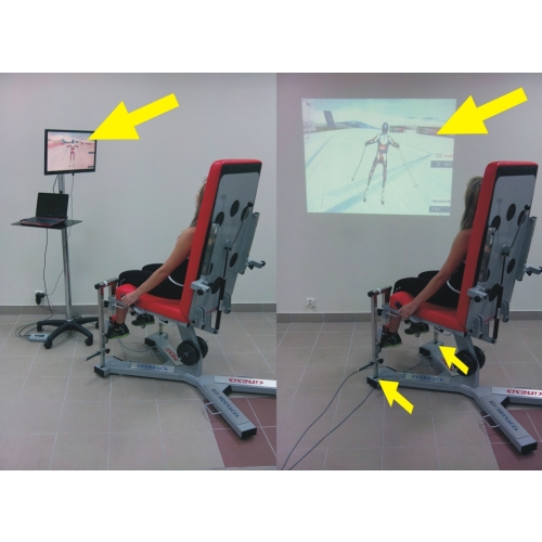 Fotel LEG FORCE FEEDBACK podczas treningu – ćwiczenia oporowe nóg z wizualizacją ruchu na ekranie.