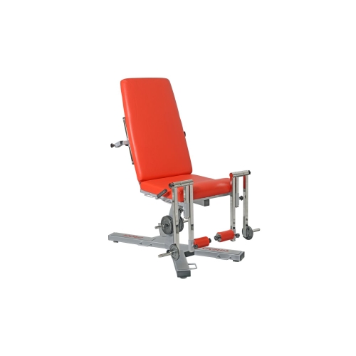 Fotel PROFI – stanowisko do ćwiczeń oporowych kończyn dolnych z czerwoną tapicerką i regulowanymi elementami.
