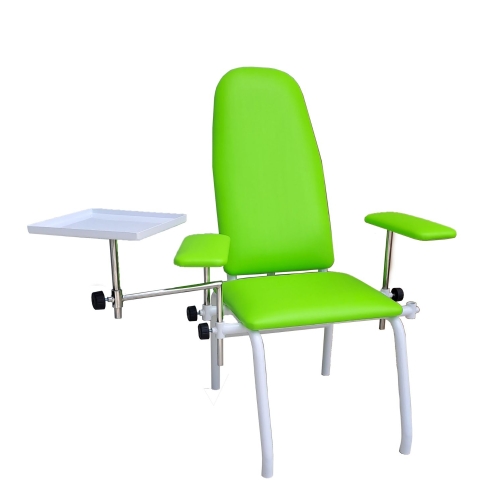 Fotel KF1 do pobierania krwi z regulowanym oparciem, podłokietnikami i tacką zabiegową.