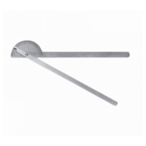 Metalowy goniometr do pomiaru zakresu ruchu stawów, model z półokrągłą skalą.