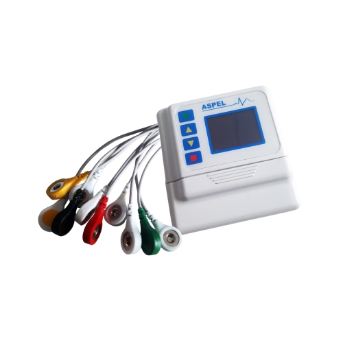 Holter EKG ASPEL 712 HLT v.301 z kolorowymi elektrodami i ekranem do monitorowania pracy serca.