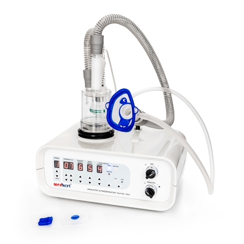 Inhalator ultradźwiękowy TAJFUN 1 MU1 z komorą nebulizacyjną, maską i przewodami do terapii wziewnej.