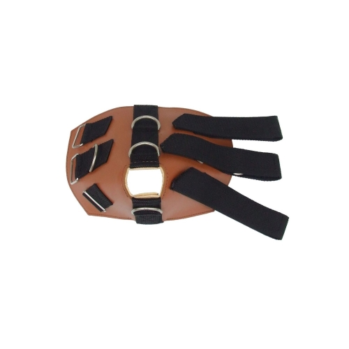 Kamaszek skórzany do wyciągu z paskami i metalowymi uchwytami, widok z góry.