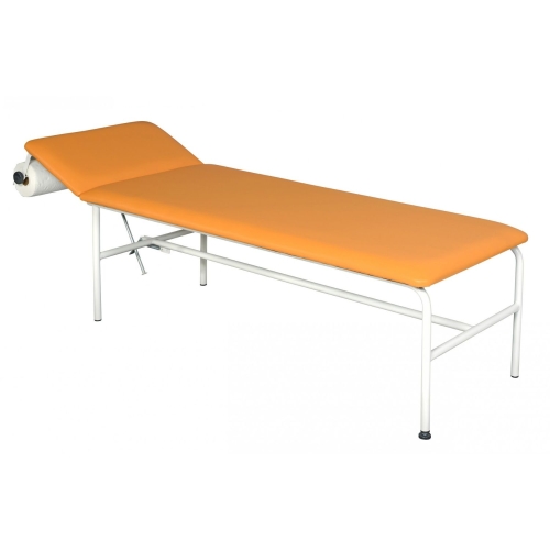 Kozetka lekarska KZ-2 z regulowanym zagłówkiem i uchwytem na podkład medyczny.